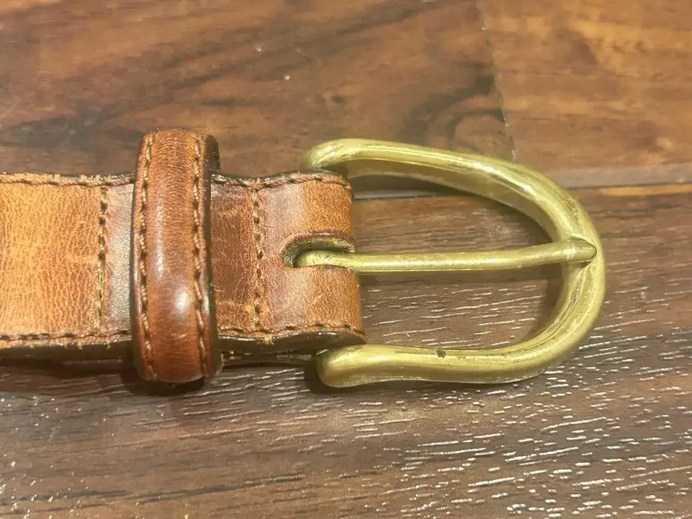 Vintage Hand-Tooled Tan Leather Western Belt with Brass Buckle